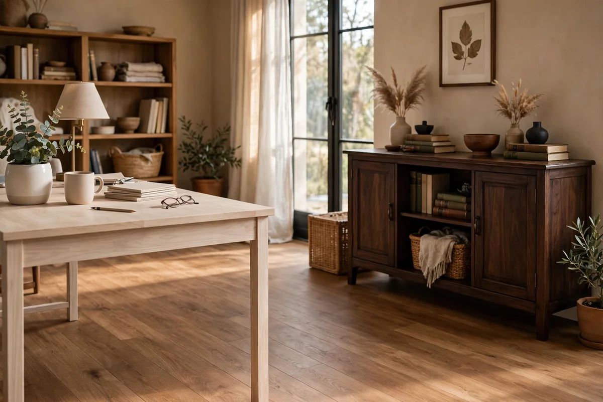 Medium oak floor with clearly lighter ash desk and darker walnut sideboard