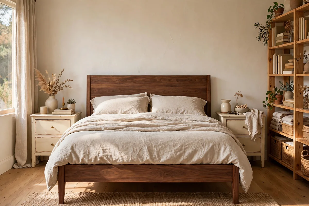 Cream painted nightstands beside a wooden bed softening the wood palette
