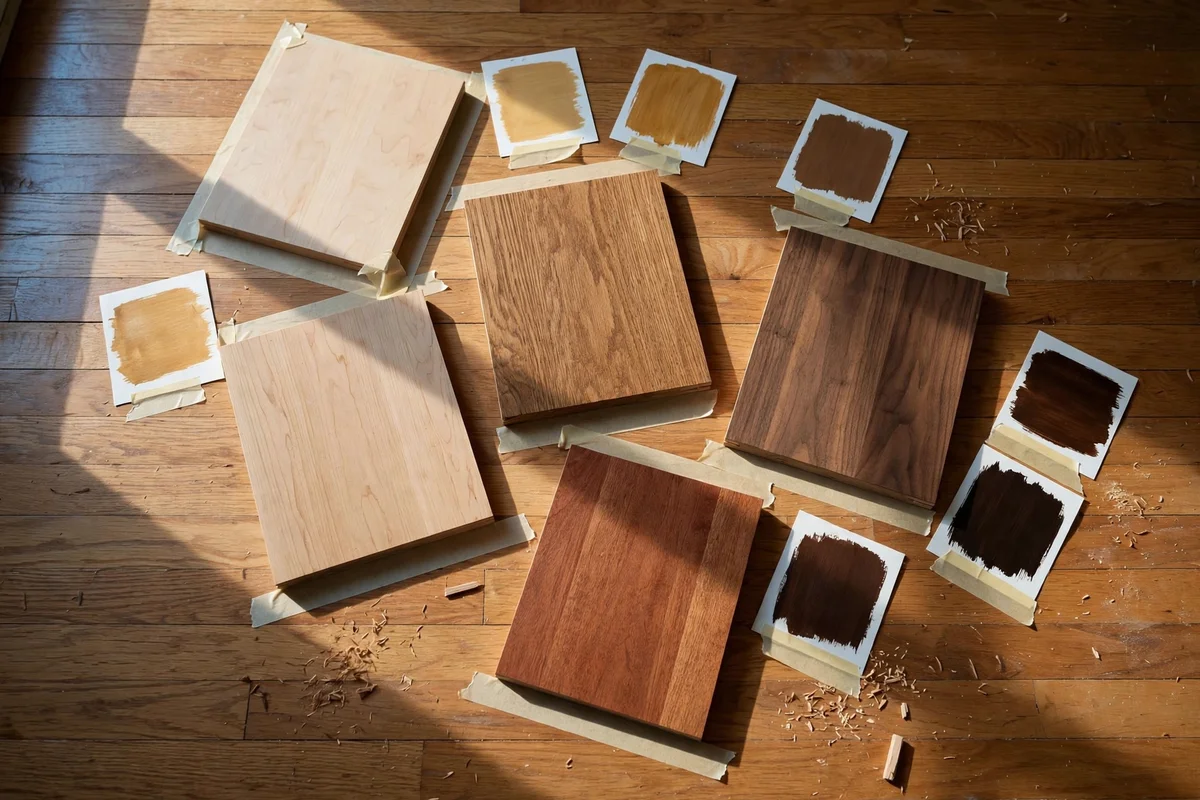 Wood sample boards taped to a floor photographed in morning light