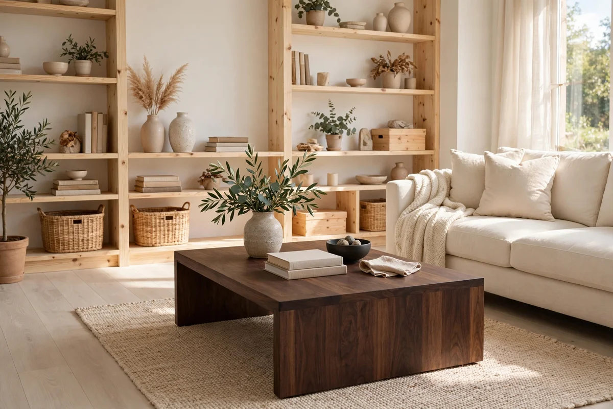 Pale ash living room grounded by a dark walnut coffee table