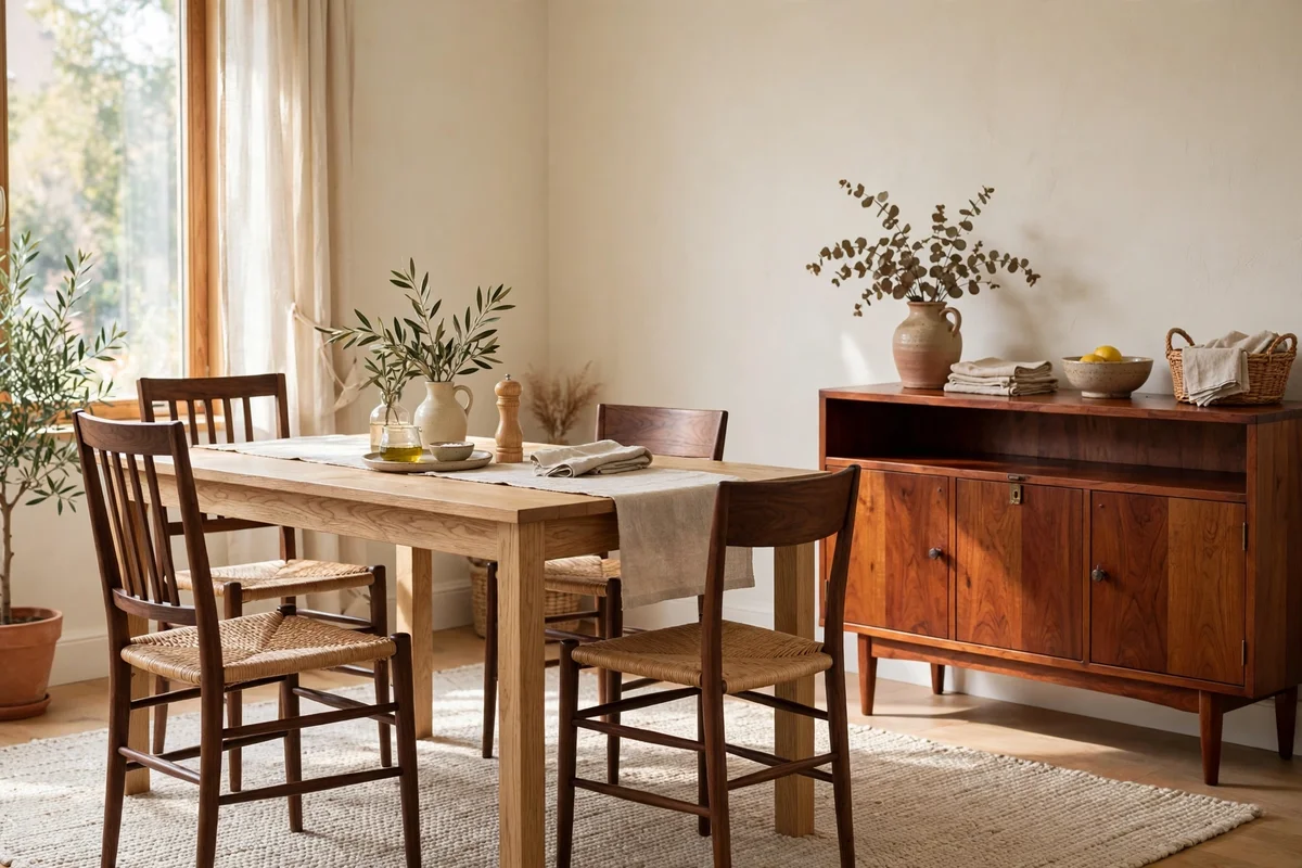 Dining room with oak table, walnut chairs and cherry sideboard, three wood tones