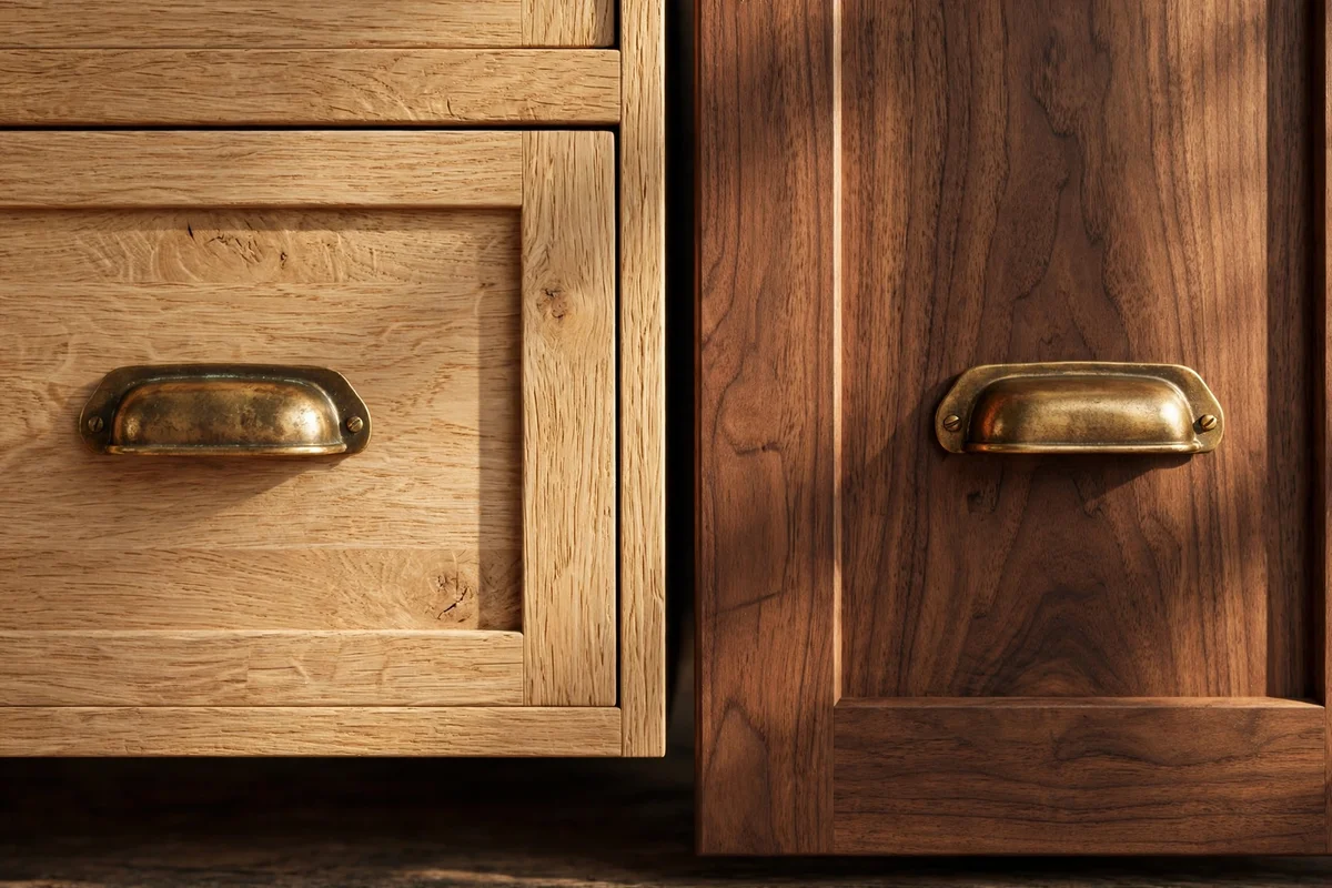 Oak and walnut furniture sharing matching brass handles and hinges