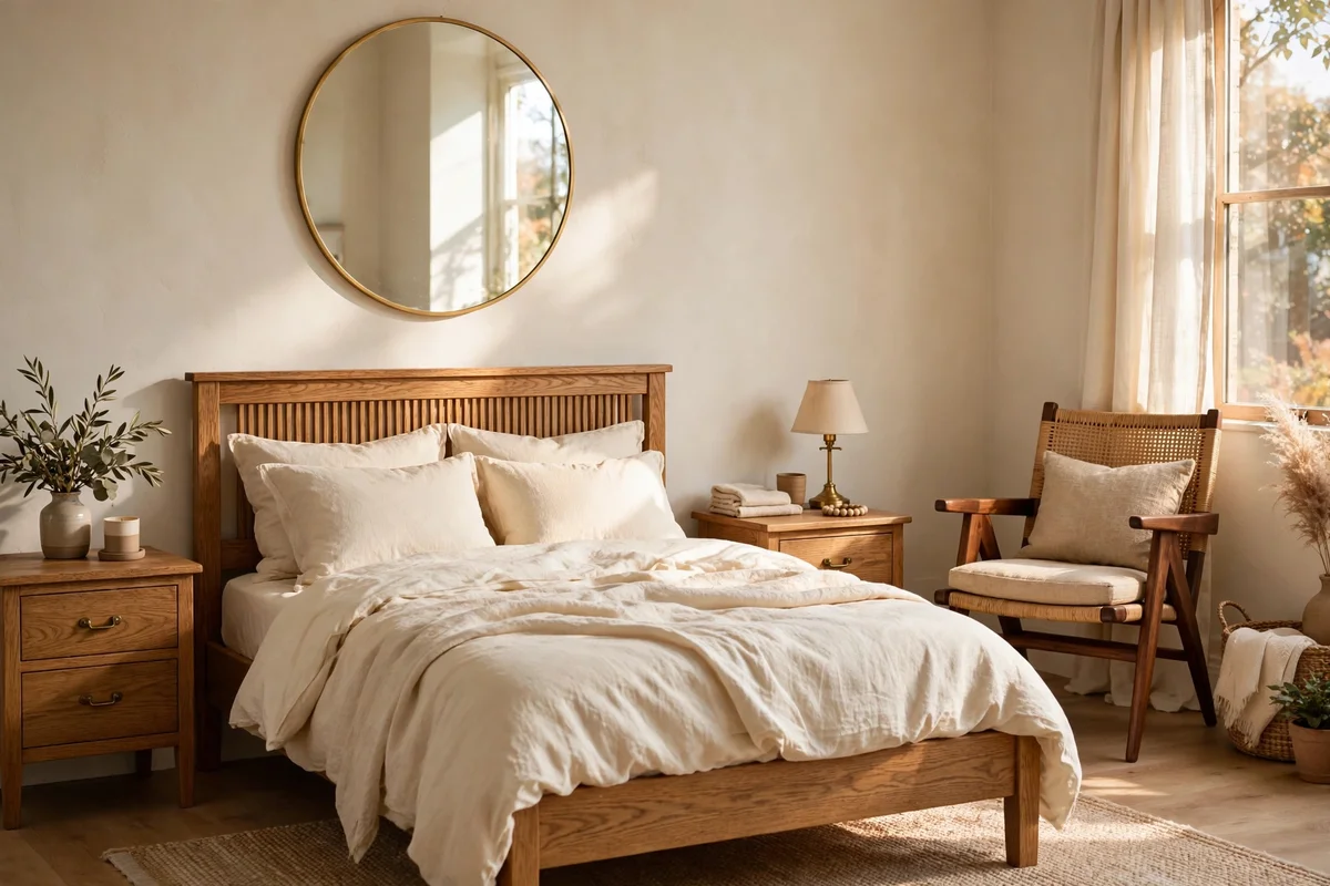 Small bedroom with oak bed and nightstands plus one walnut accent chair