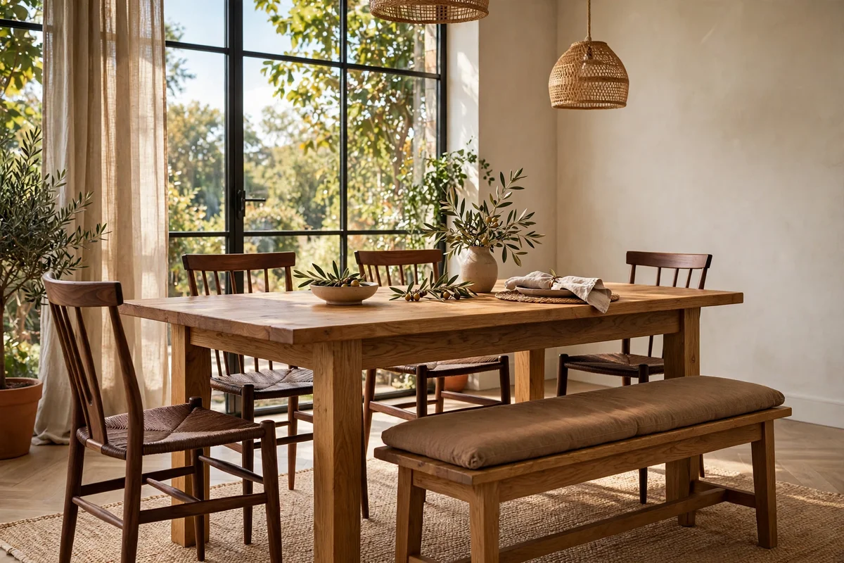 Oak dining table with matching walnut chairs that echo its warm tone