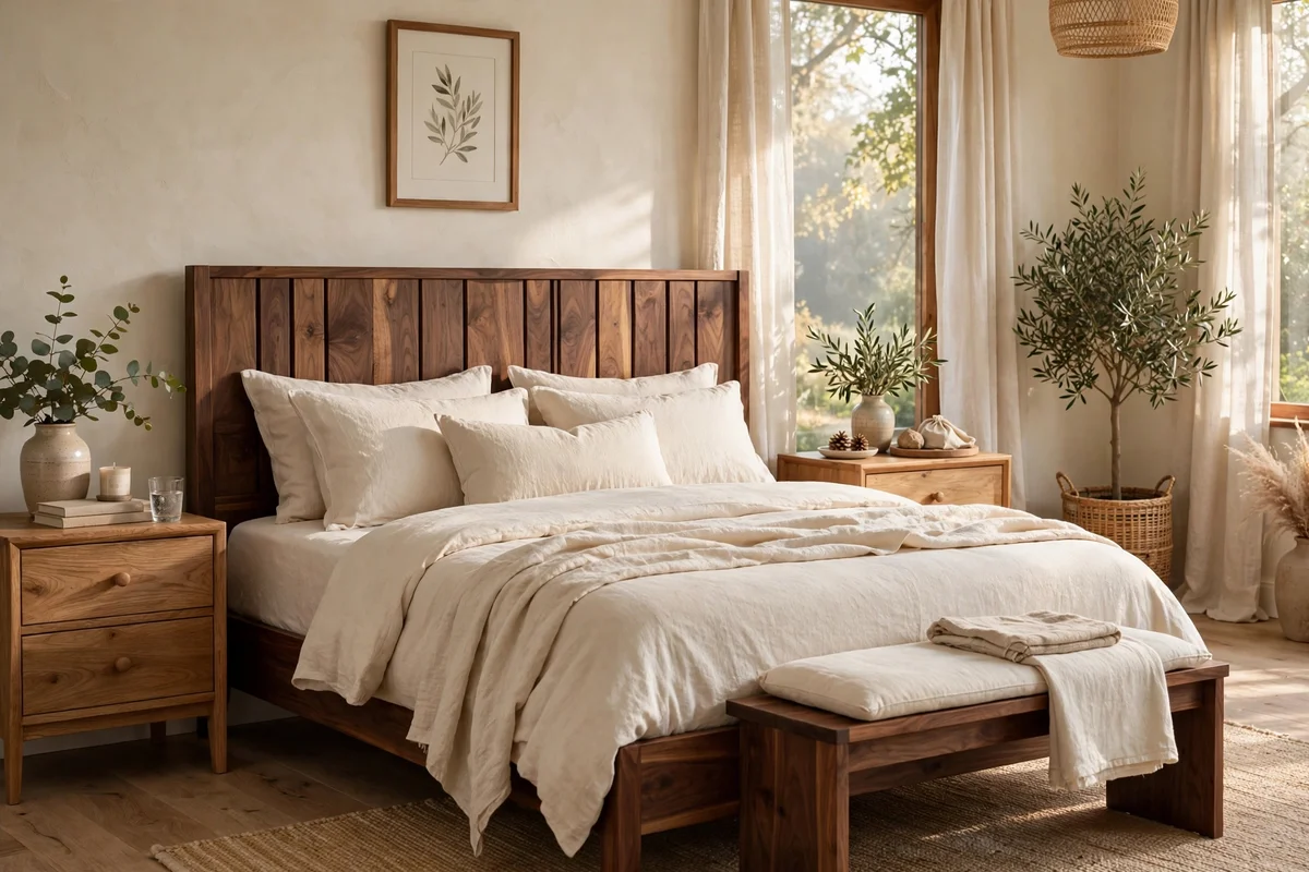 Bedroom with walnut bed frame leading oak nightstands and walnut bench