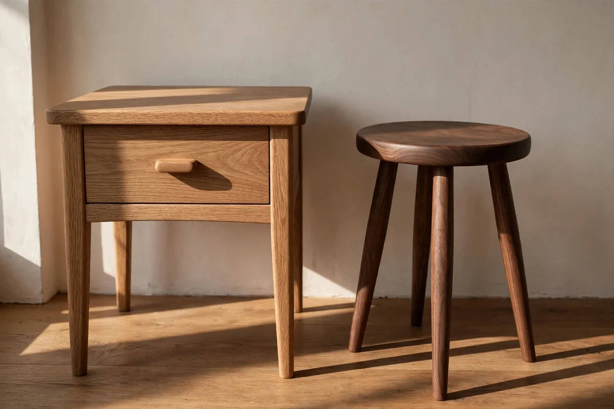 Wooden furniture in matching matte finishes viewed in raking window light