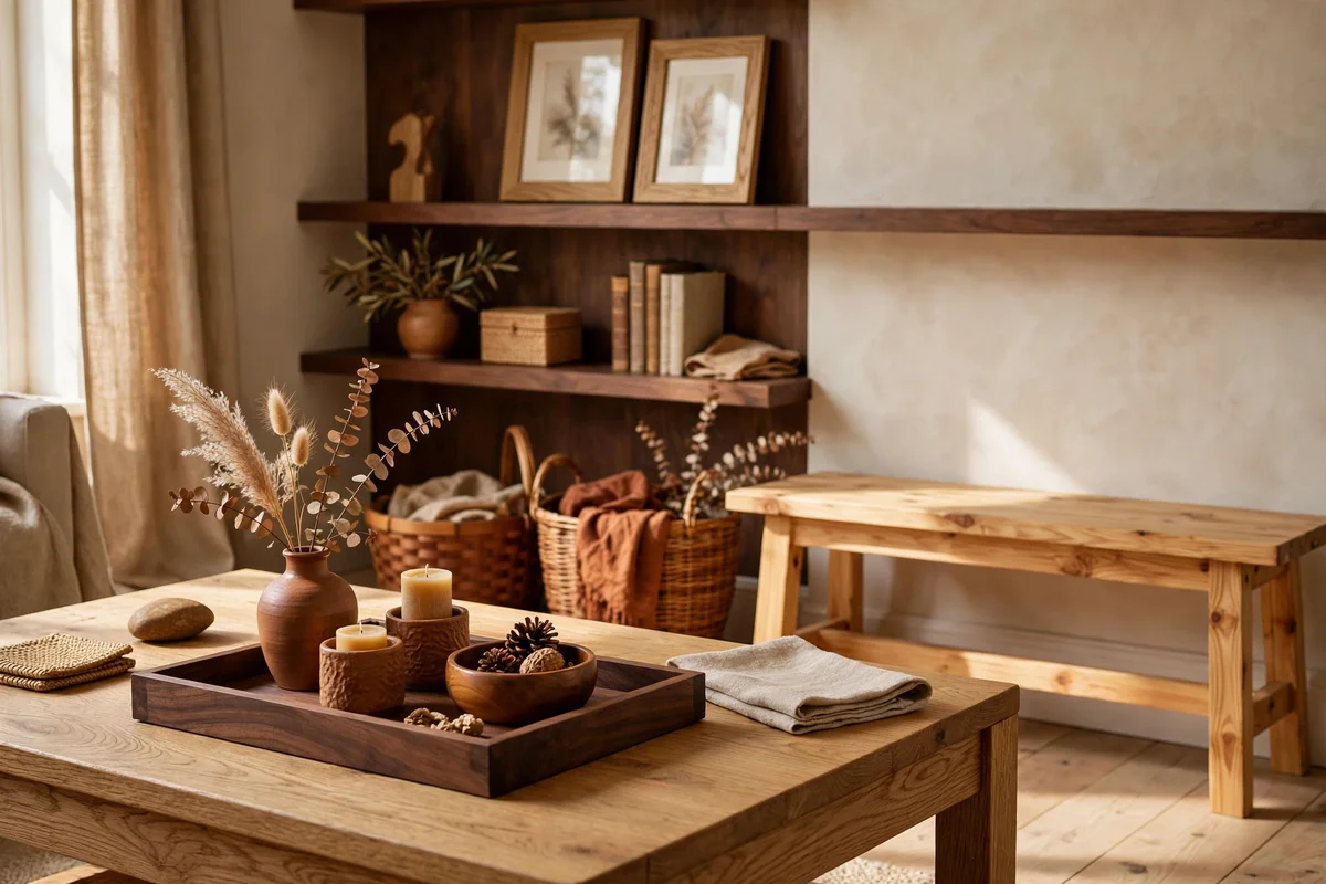 Walnut tray on oak coffee table with oak frames on walnut shelves