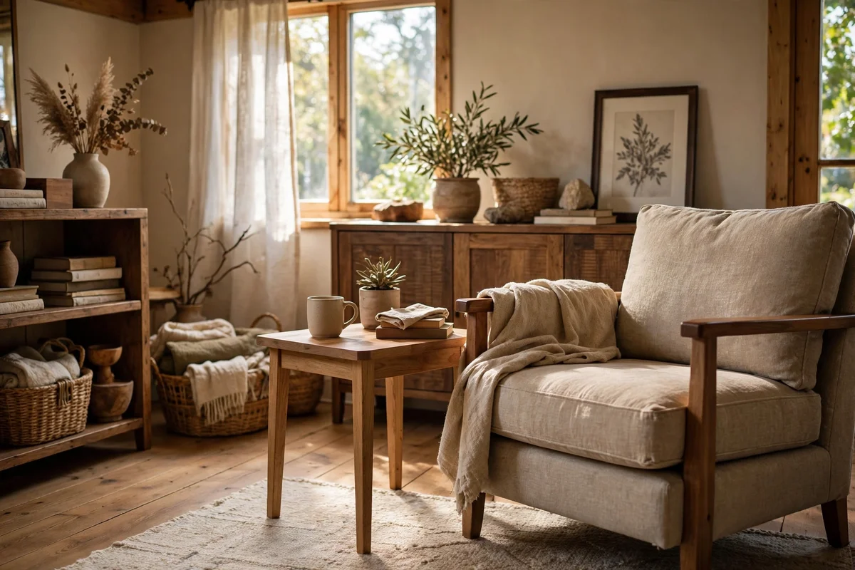 New wooden side table settling into a mixed wood living room in daylight