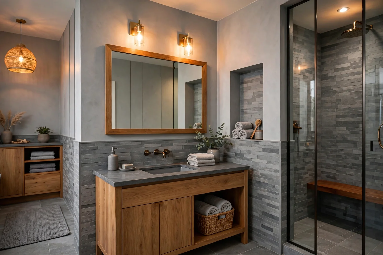 Modern grey bathroom with layered grey tones and warm wood accents