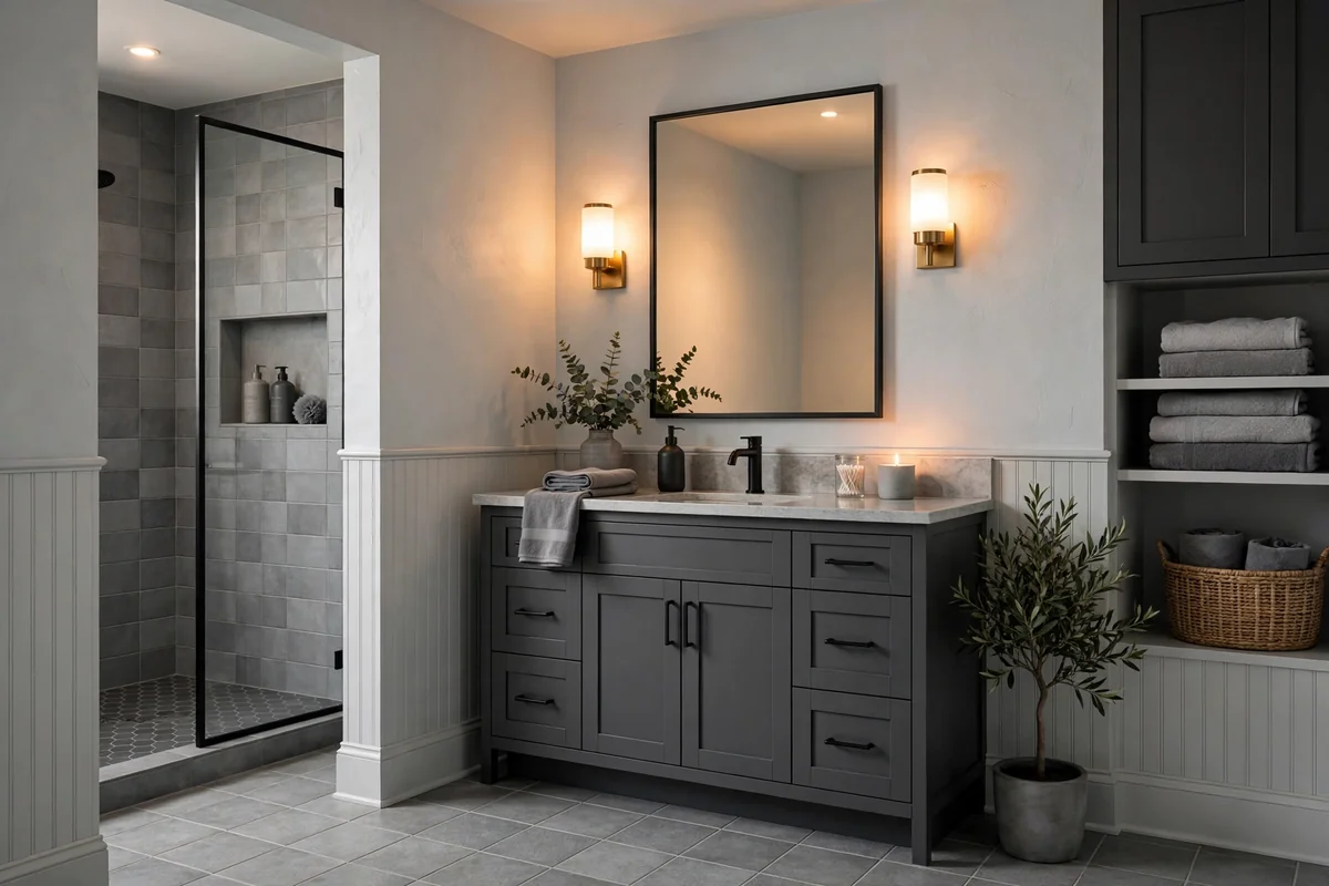 Layered grey shades in modern bathroom
