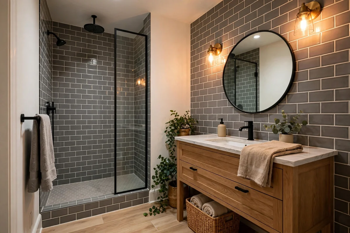 Grey tile with white grout in bathroom