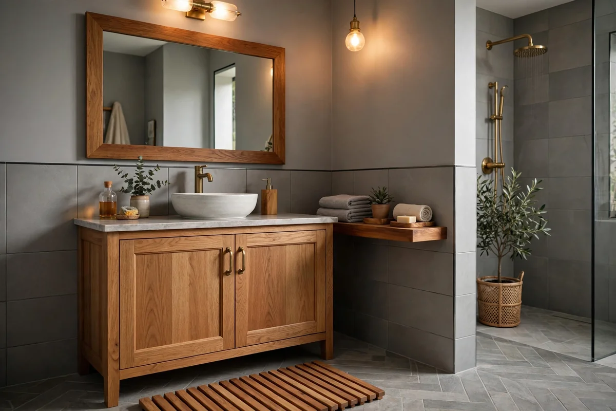 Warm wood accents in grey bathroom
