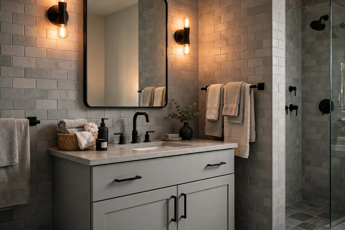Black fixtures in grey bathroom
