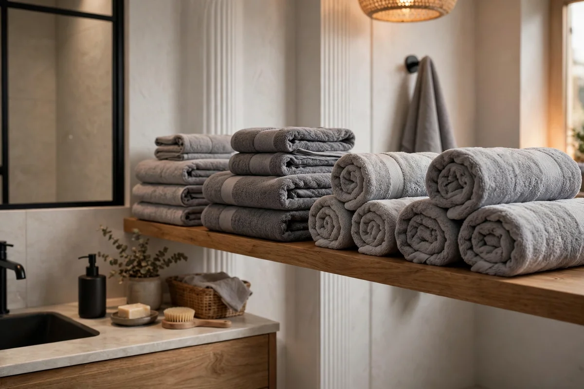 Soft grey towels in modern bathroom