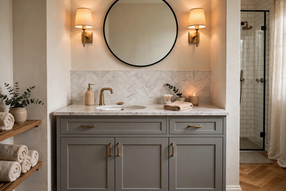 Grey vanity in modern bathroom