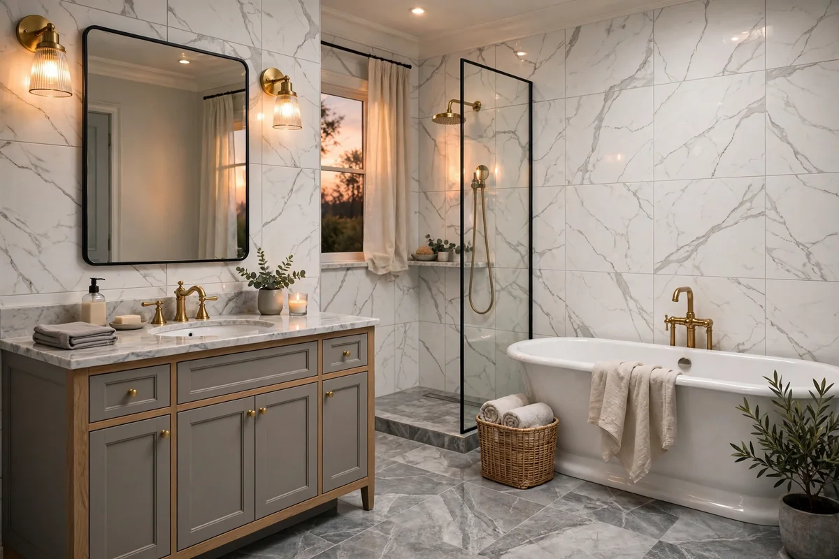 Marble-look details in grey bathroom