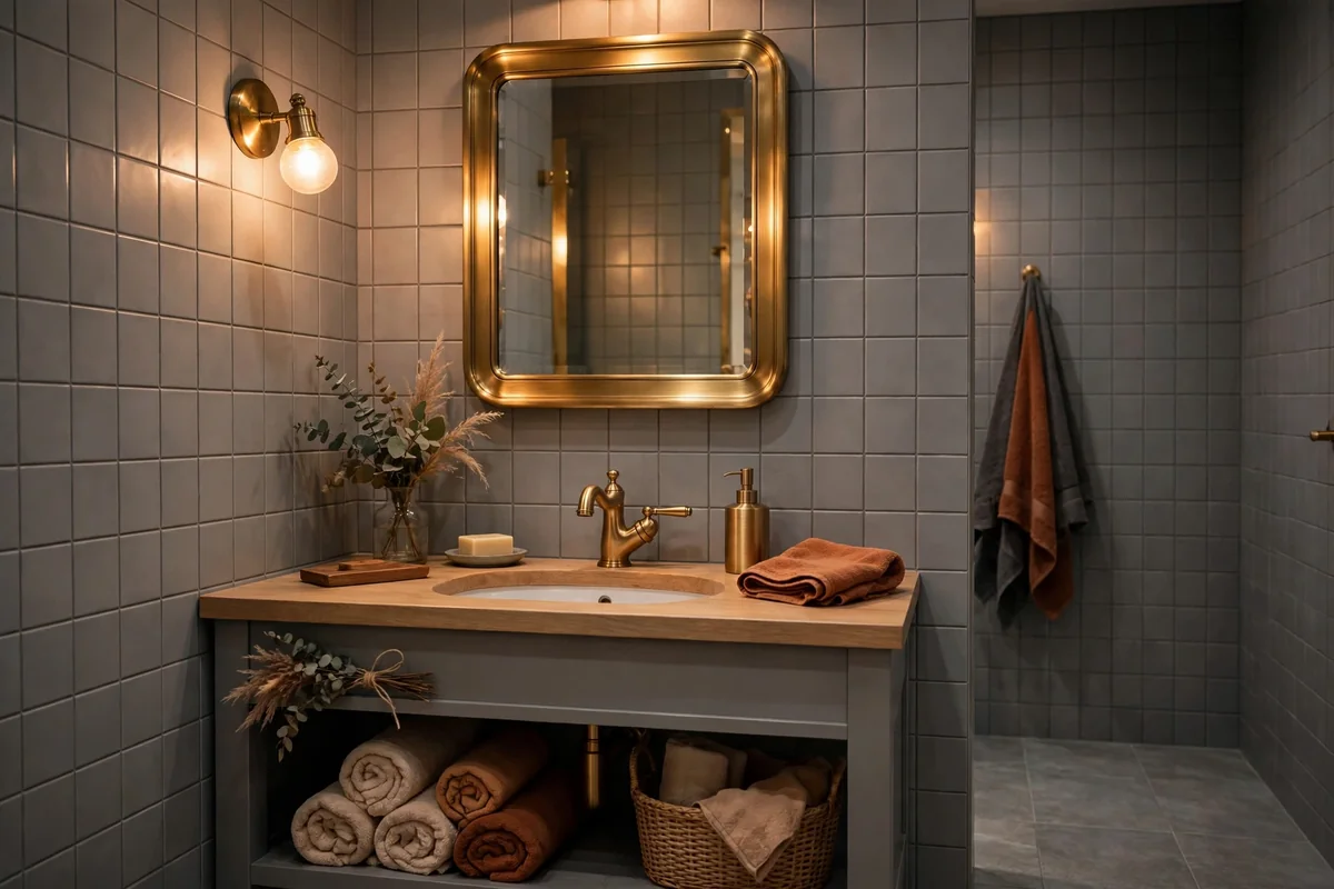 Brass accents in grey bathroom