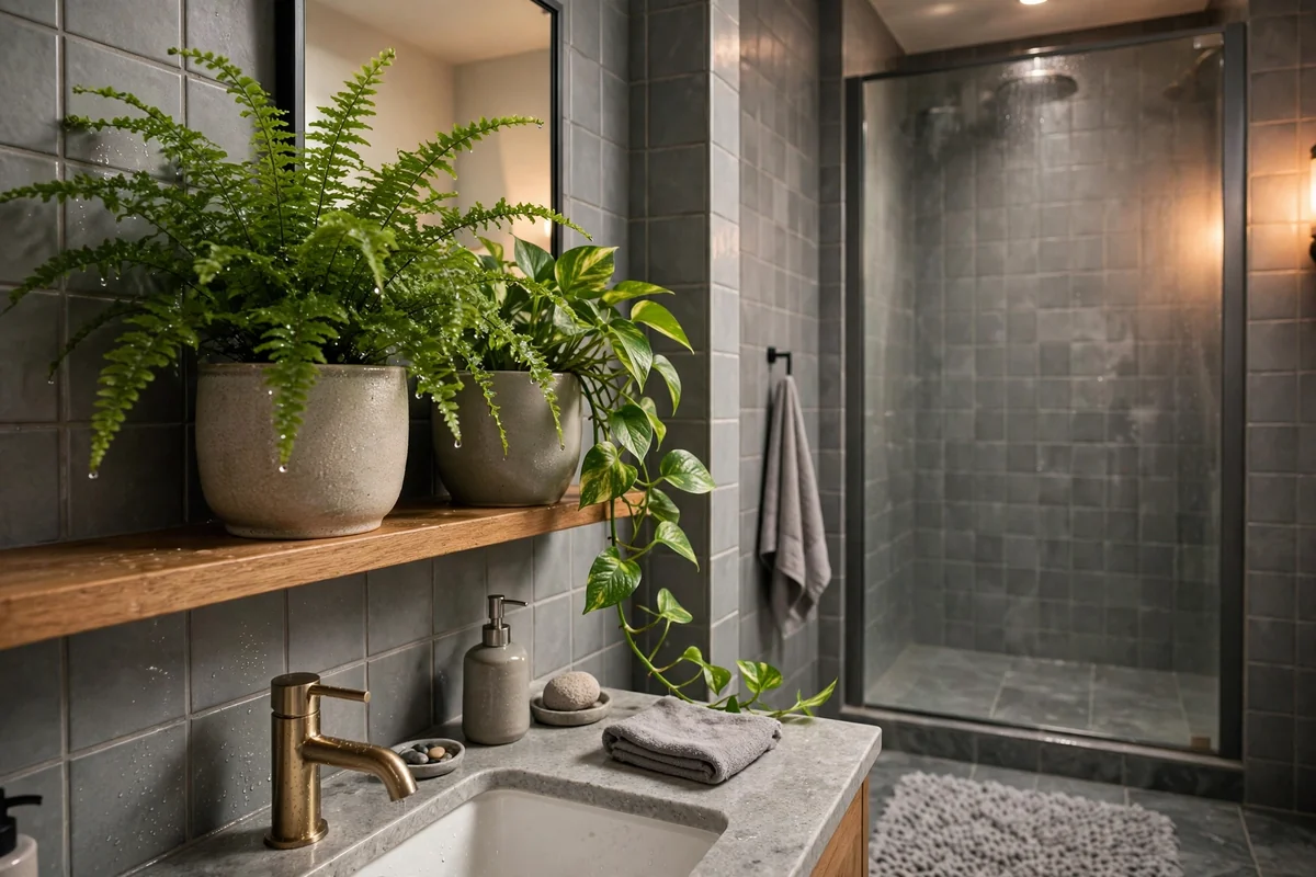 Plants in grey bathroom