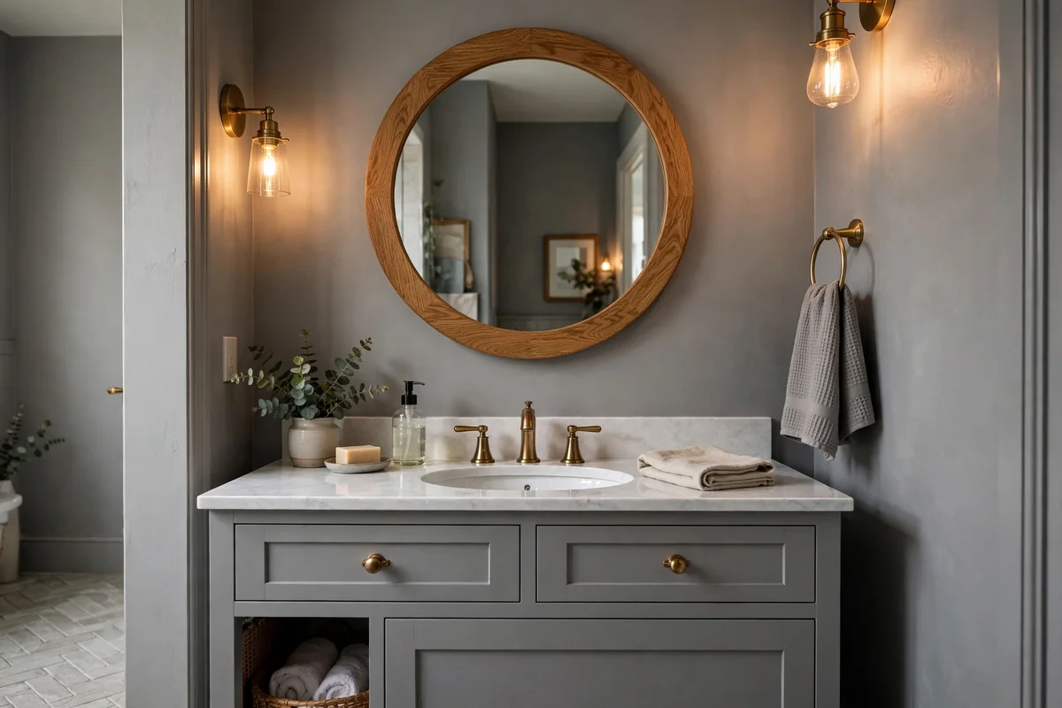 Framed mirror in grey bathroom