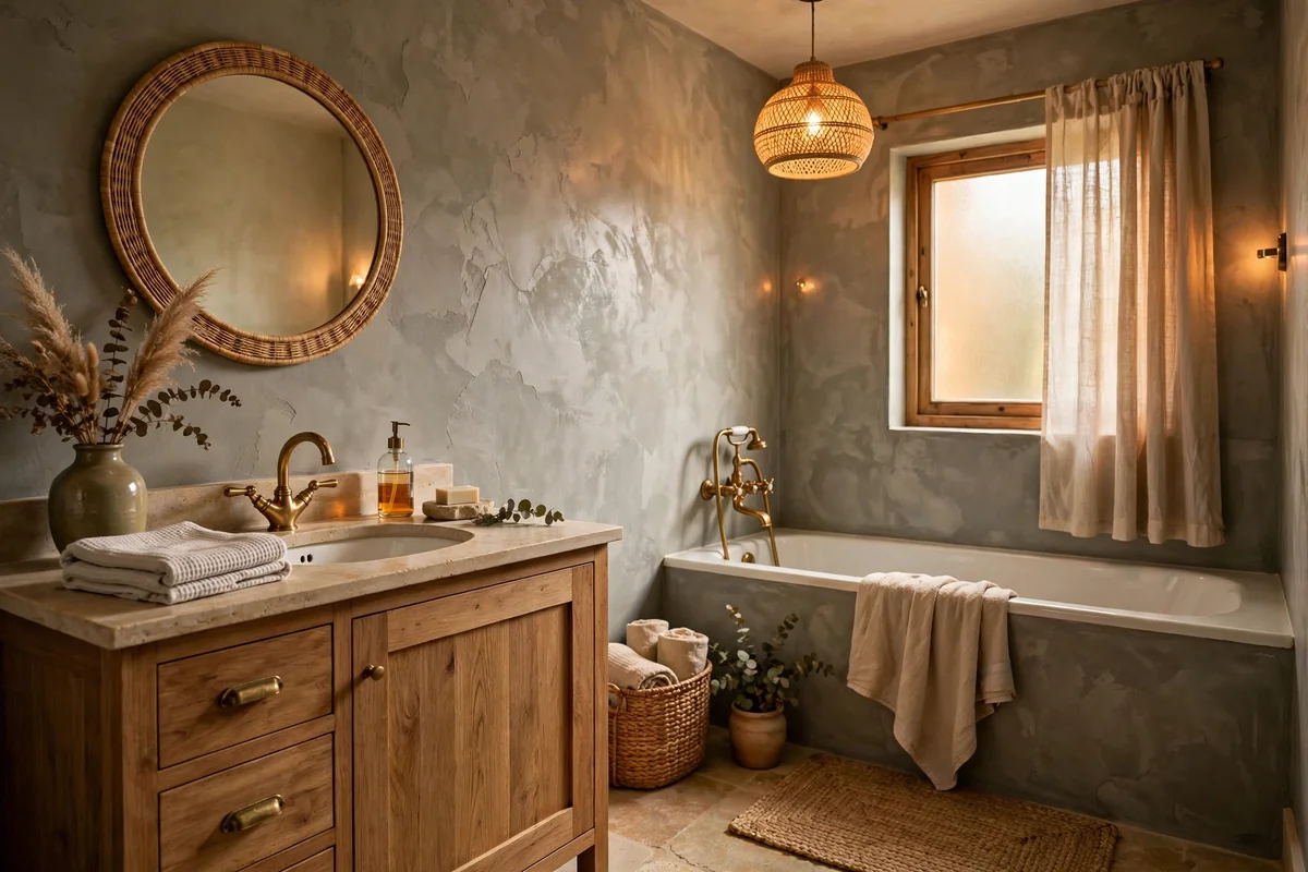 Textured grey walls in bathroom