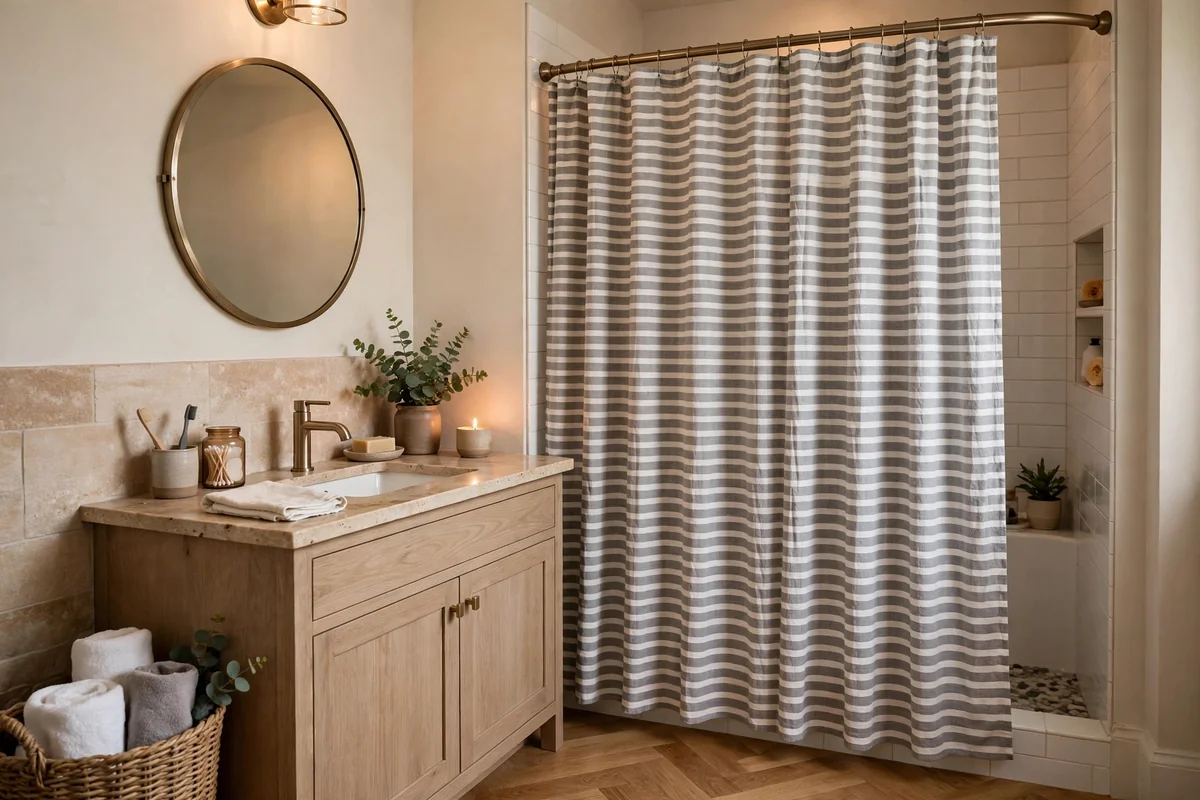 Grey and white shower curtain in bathroom