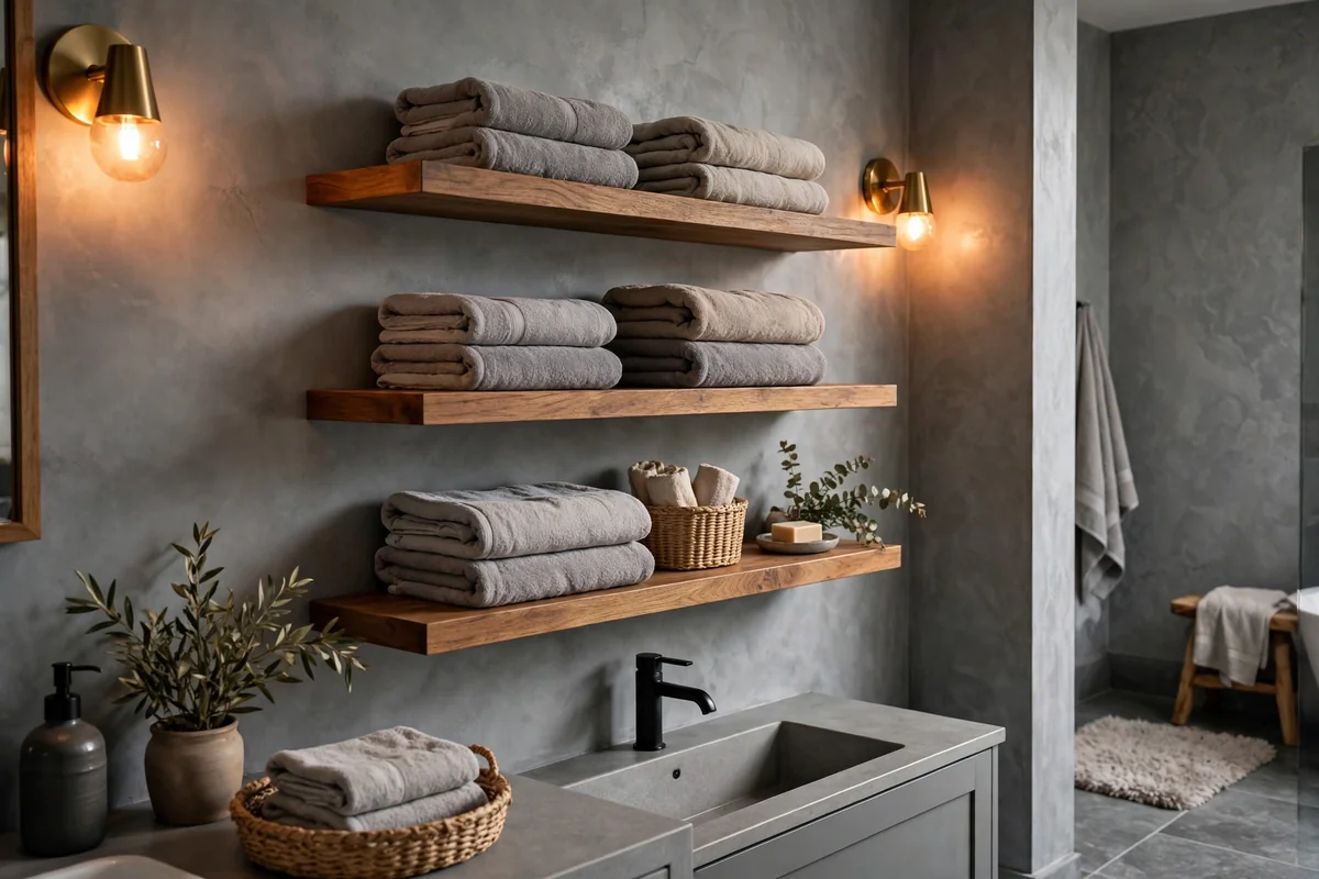 Floating shelves in grey bathroom