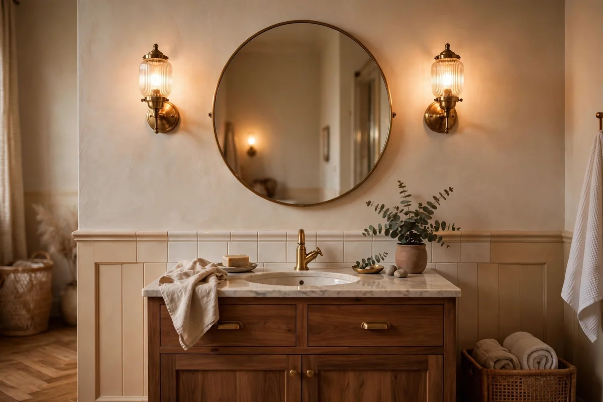 Warm lighting in grey bathroom