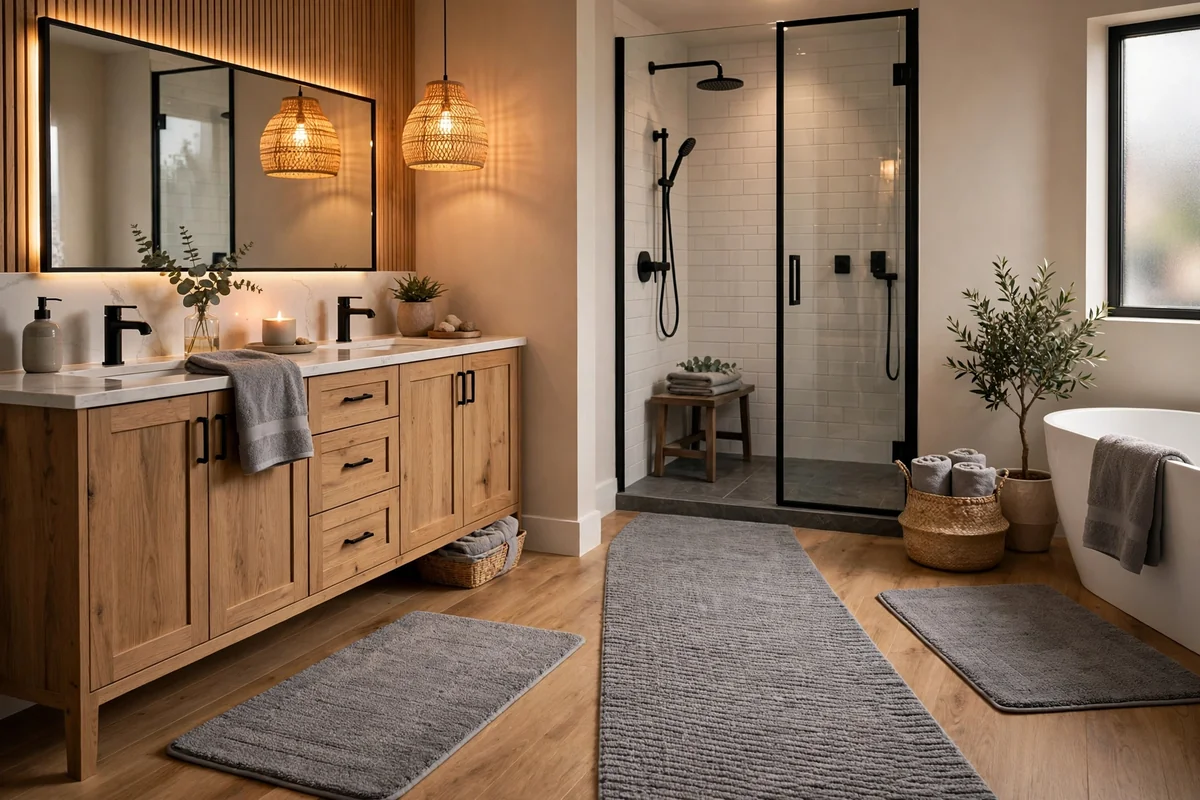 Grey bath mats in modern bathroom