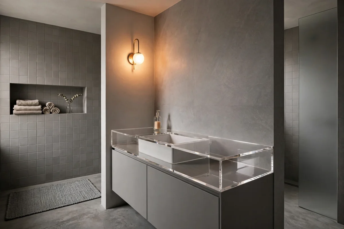 Minimalist storage in grey bathroom