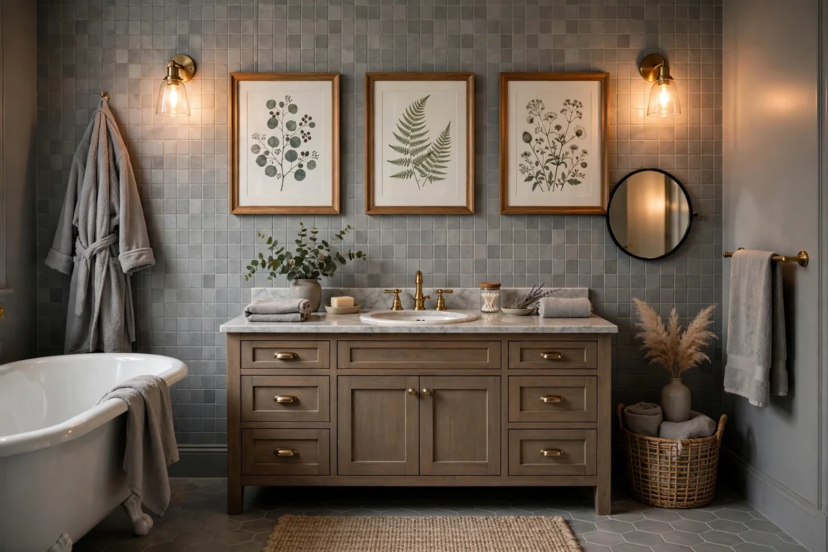 Art on wall in grey bathroom
