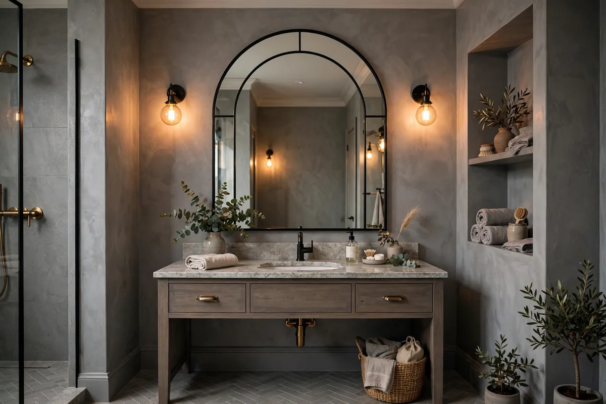 Statement mirror in grey bathroom