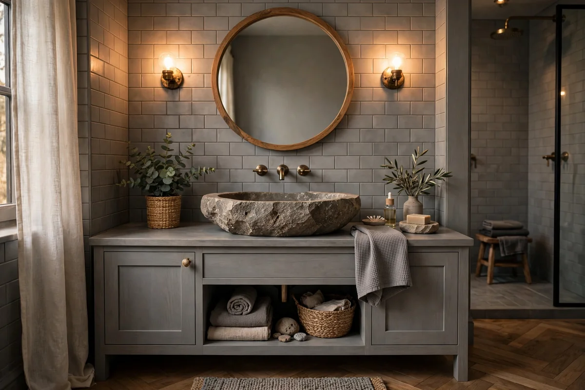 Grey stone details in bathroom