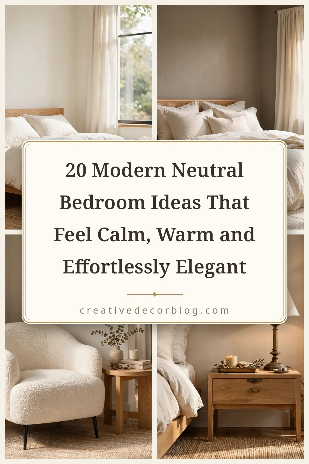 Pinterest pin collage for 20 modern neutral bedroom ideas with title on a cream background