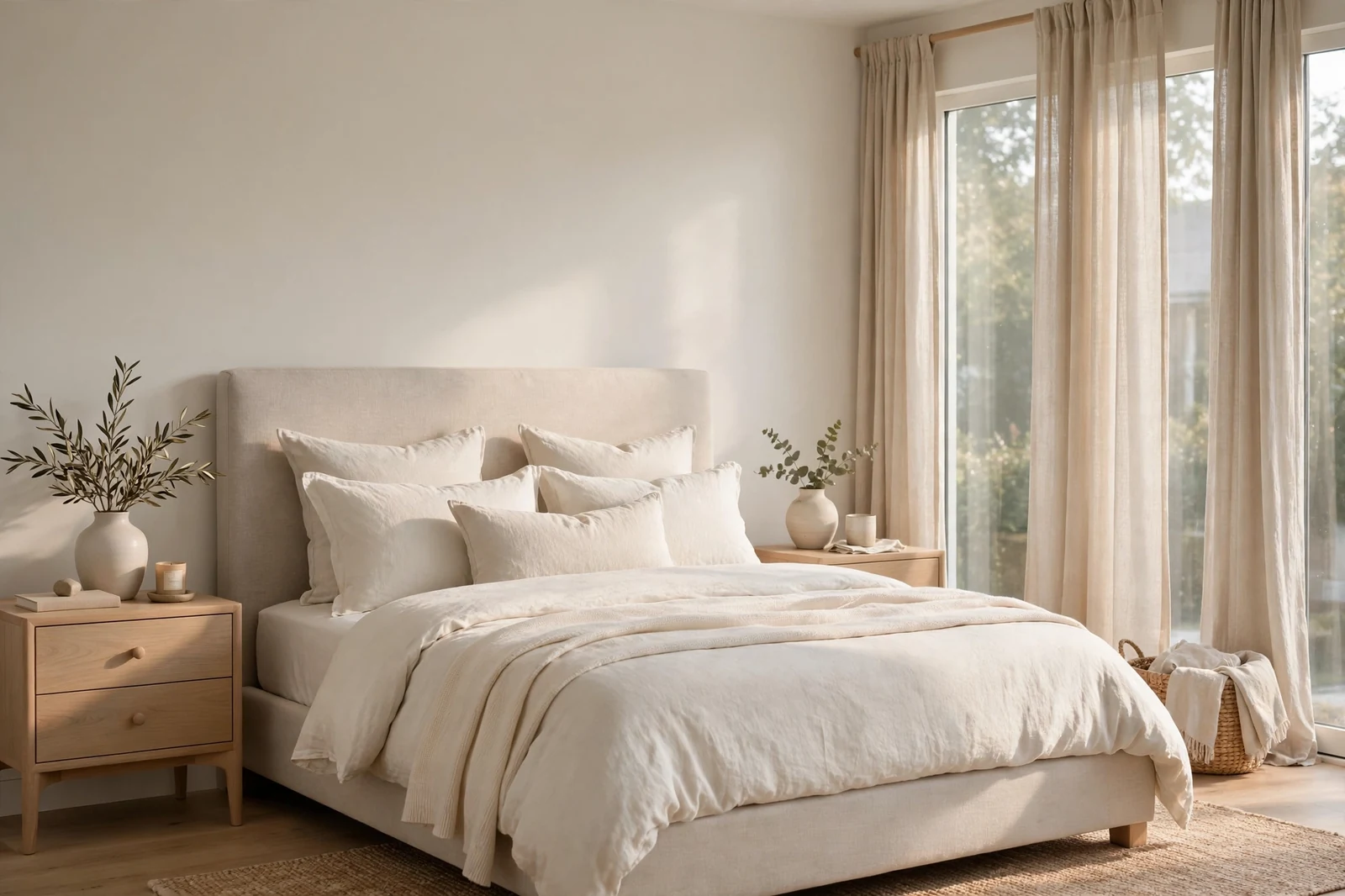 Serene modern neutral bedroom with upholstered bed, oak nightstands, and linen curtains