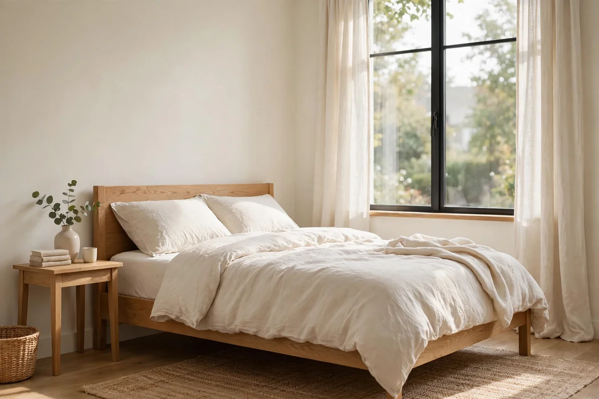 Calm bedroom with creamy warm white walls and oak bed