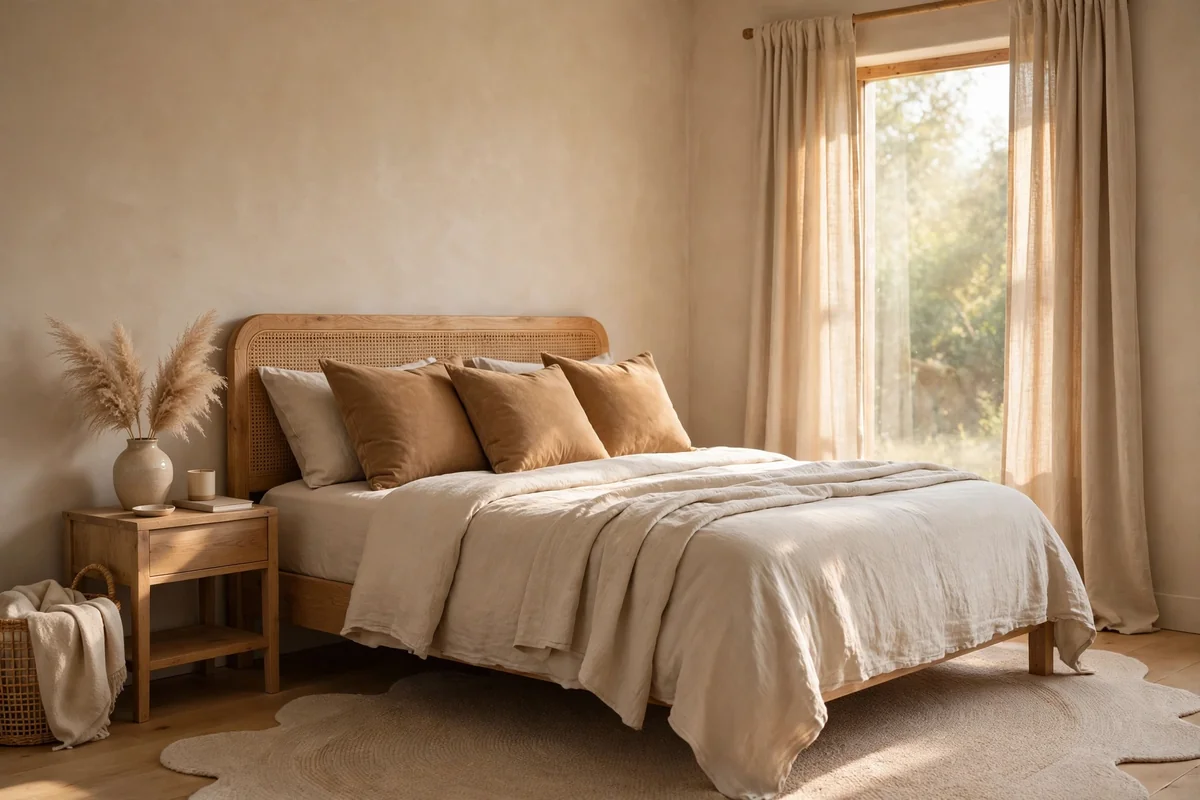 Bedroom layered with multiple soft beige tones