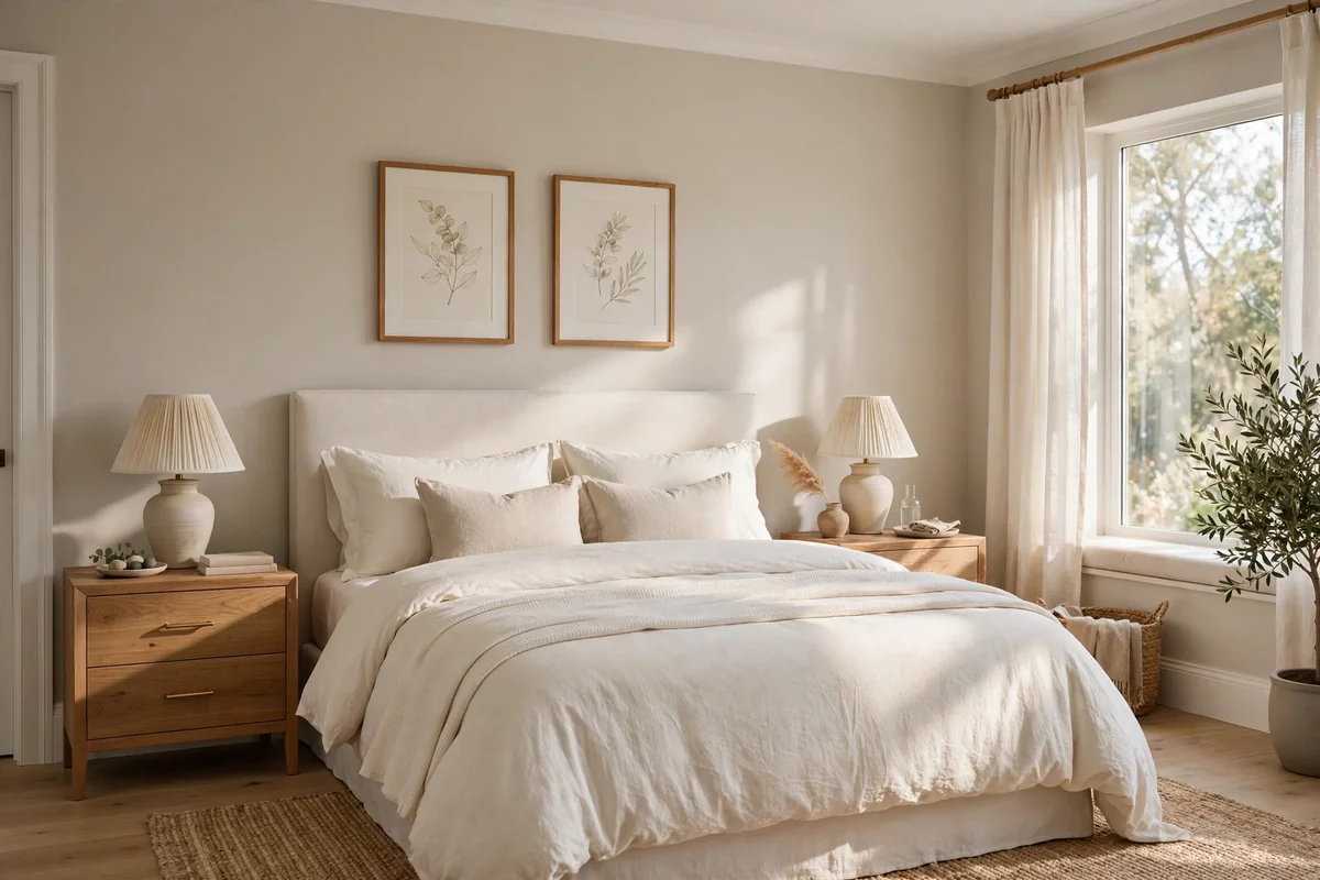 Elegant bedroom with soft greige walls and ivory bedding