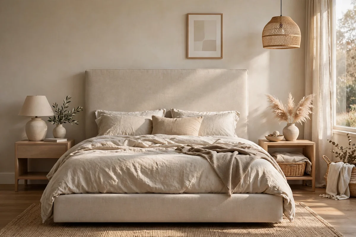 Modern neutral bedroom with upholstered oatmeal linen bed frame