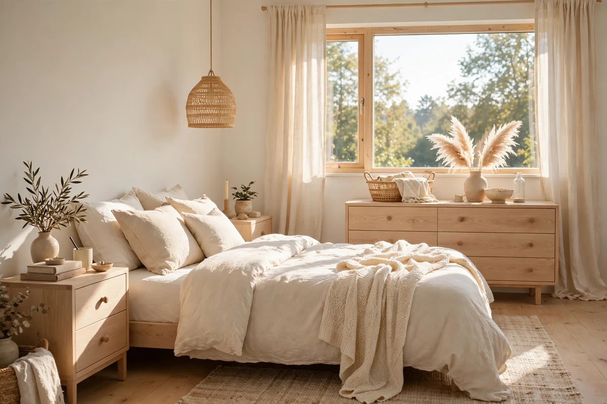 Bright bedroom with pale oak nightstands and dresser