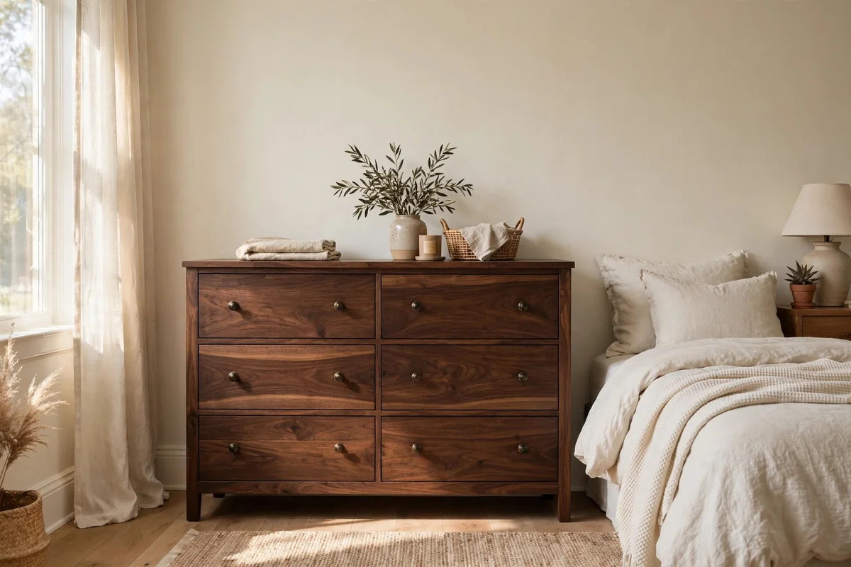 Neutral bedroom with dark walnut dresser against cream walls