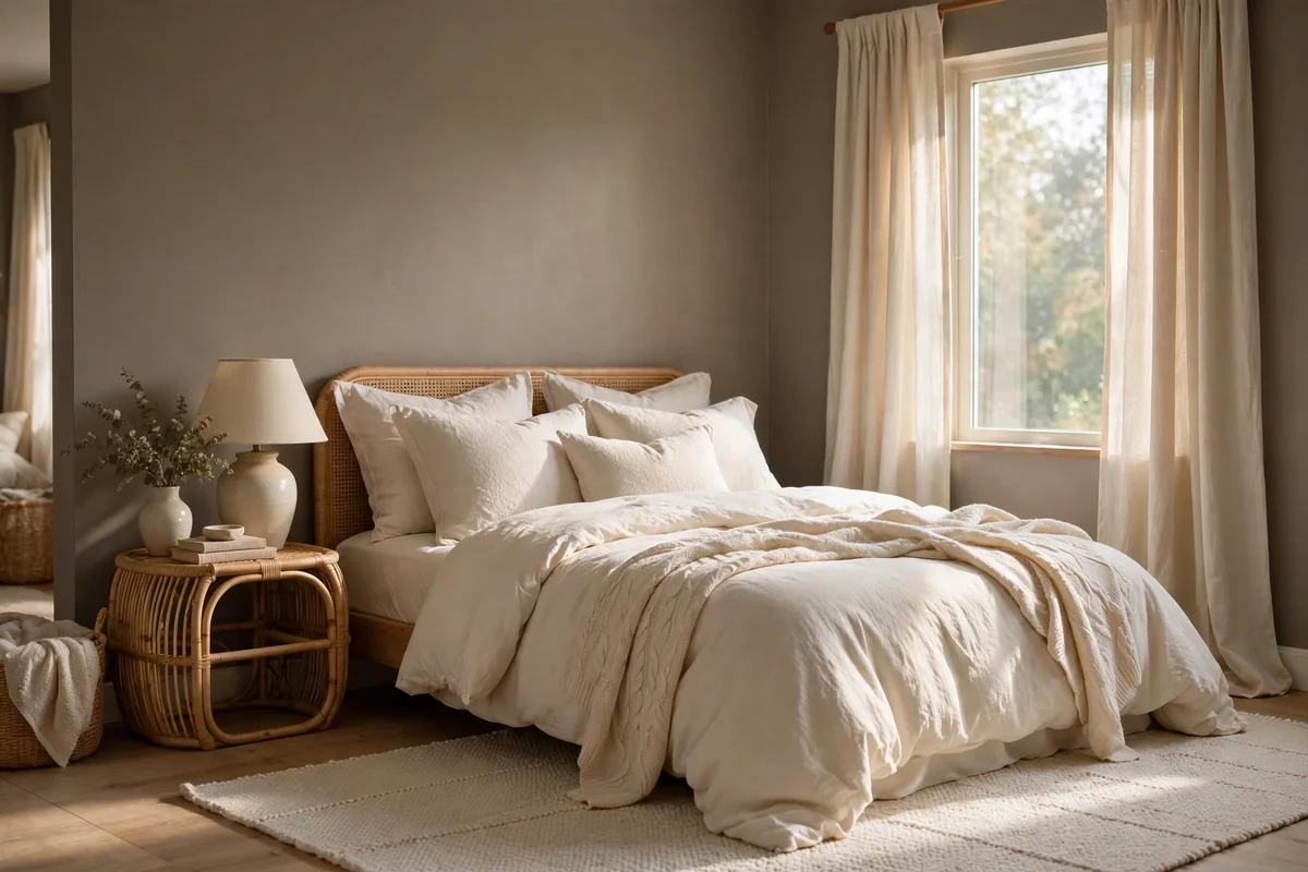 Cozy bedroom with taupe painted walls and ivory bedding