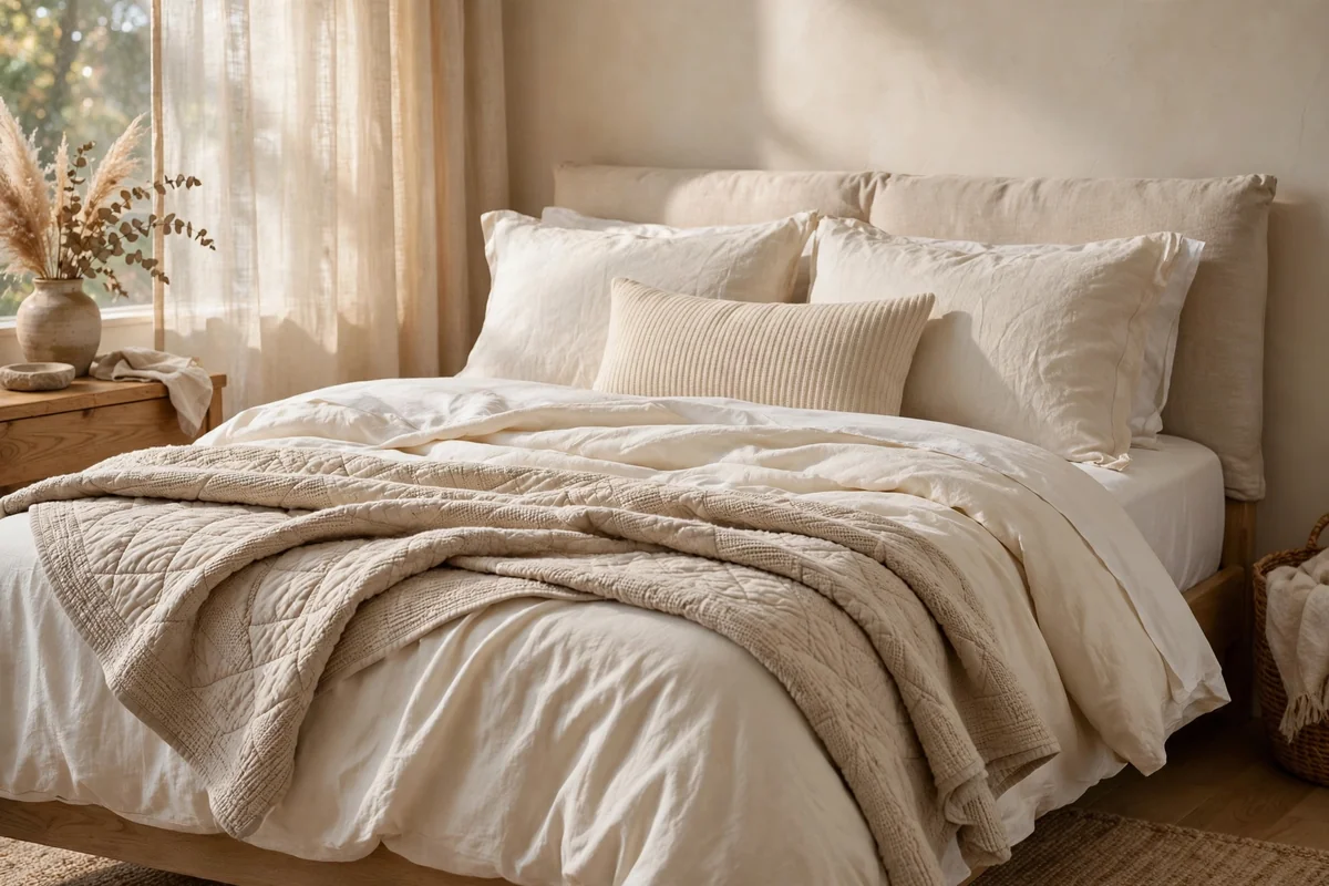 Beautifully layered neutral bed with ivory and oatmeal tones