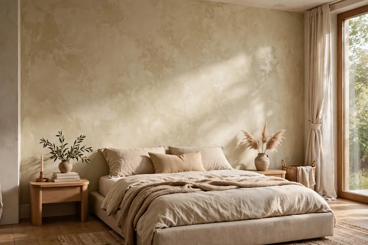 Bedroom with handcrafted limewash textured feature wall