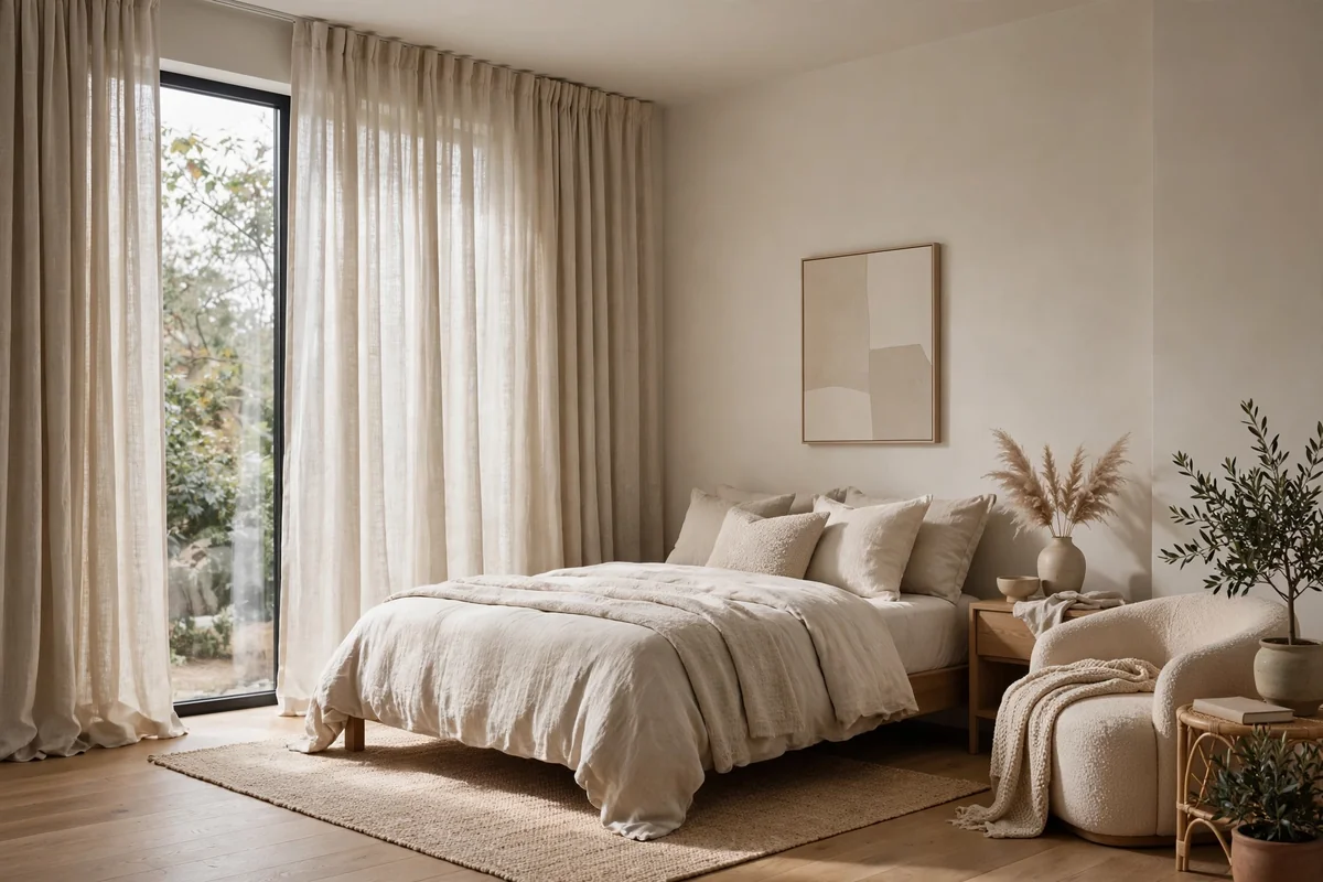 Bedroom with full-height flax linen curtains
