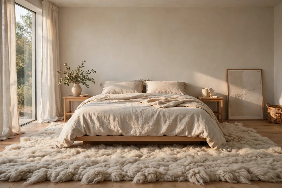 Neutral bedroom anchored by an oversized oatmeal rug
