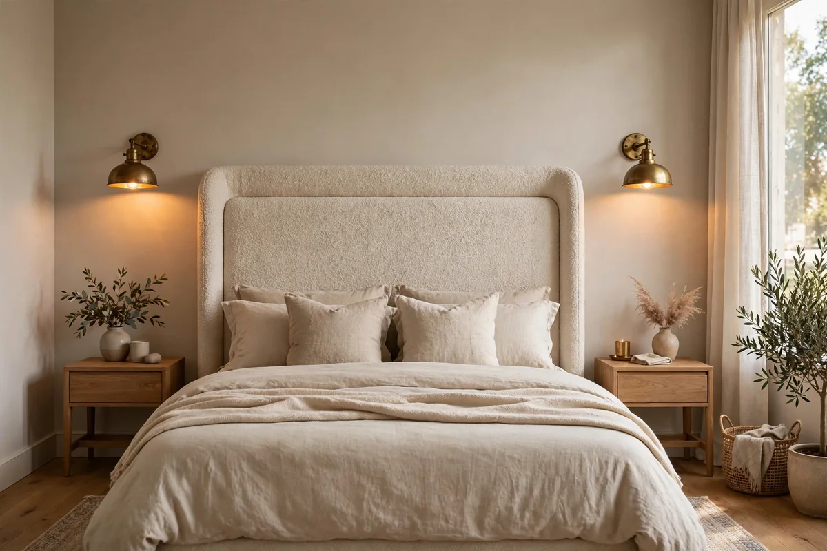 Bedroom with matching brass wall sconces flanking the headboard