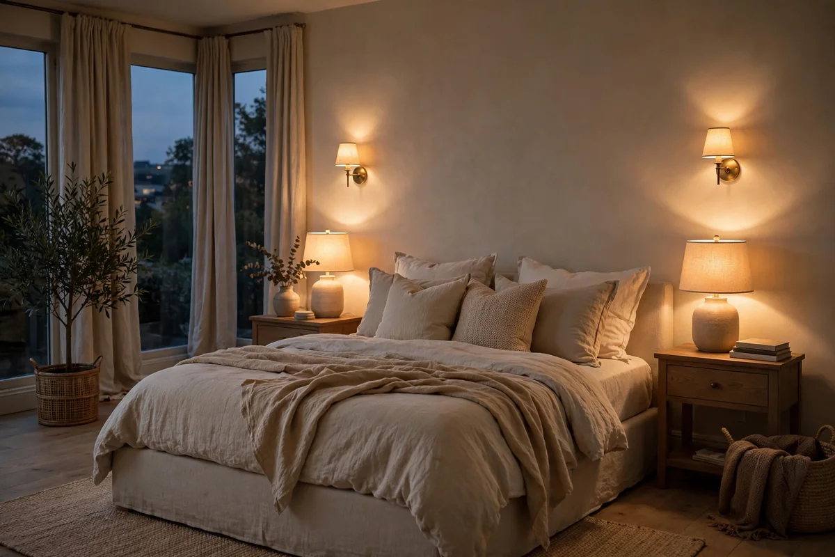 Neutral bedroom at dusk with layered warm lighting