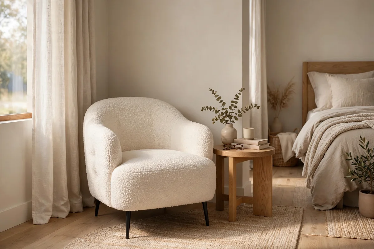 Cream boucle accent chair in a neutral bedroom corner
