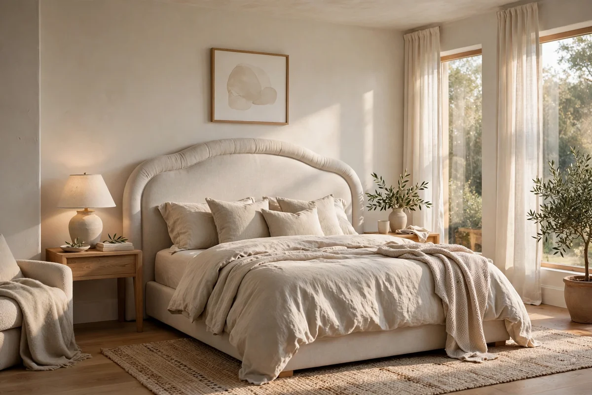 Bedroom with gently curved upholstered headboard