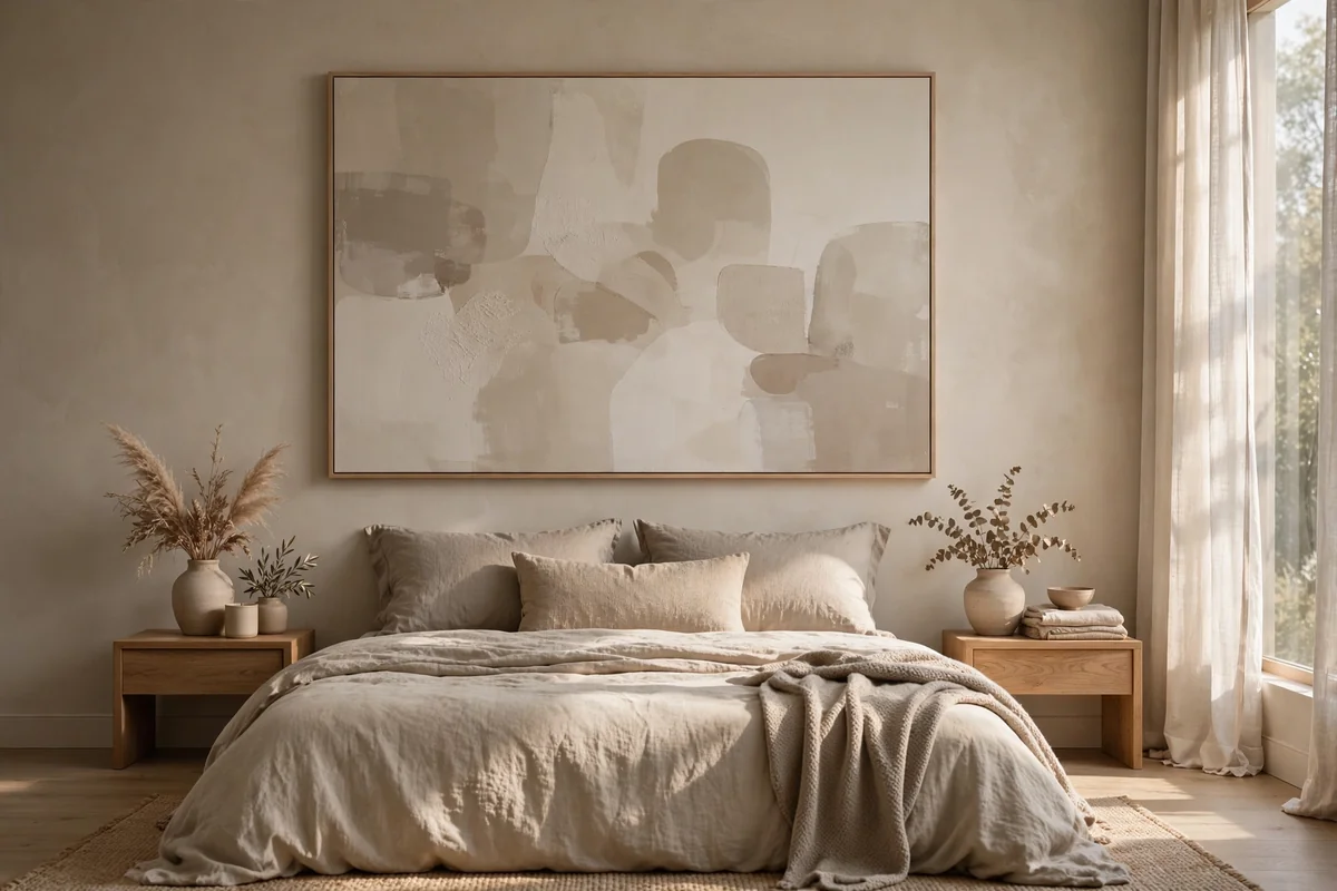 Neutral bedroom with oversized abstract art in muted tones